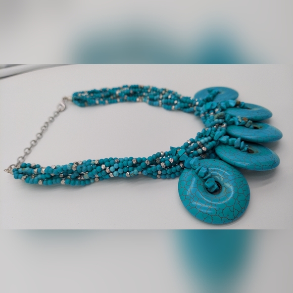 Chicos large turquoise blue silver beads chunky multi strand bib Necklace - Picture 7 of 9